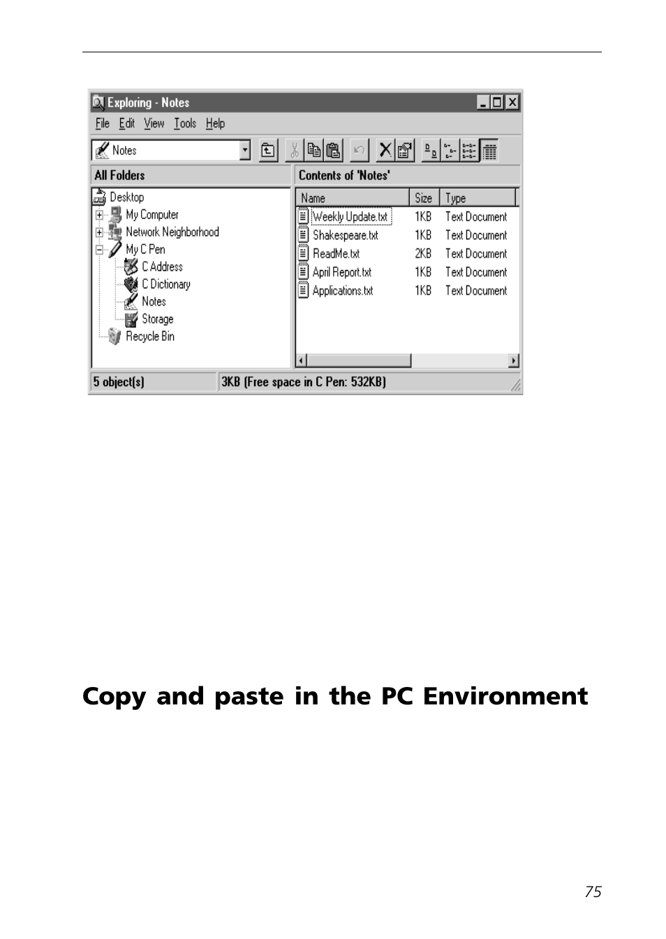 Copy and paste in the pc environment, Copy and paste on a pc, Edit menu | C Technologies Mobile Information Collector C-Pen User Manual | Page 75 / 95