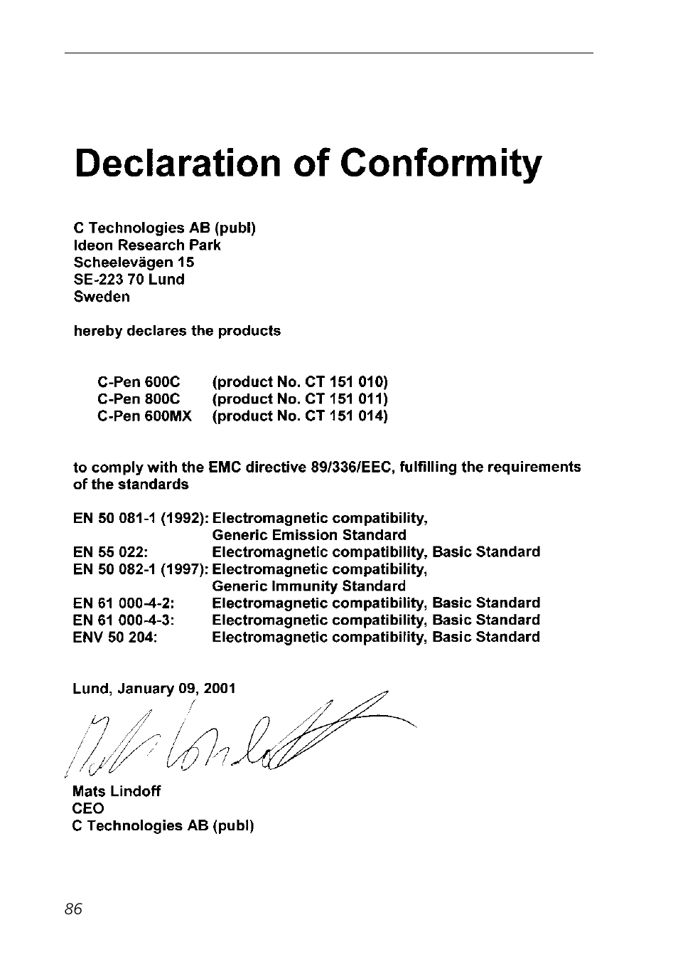 Declaration of conformity | C Technologies Mobile Information Collector C-Pen User Manual | Page 86 / 95