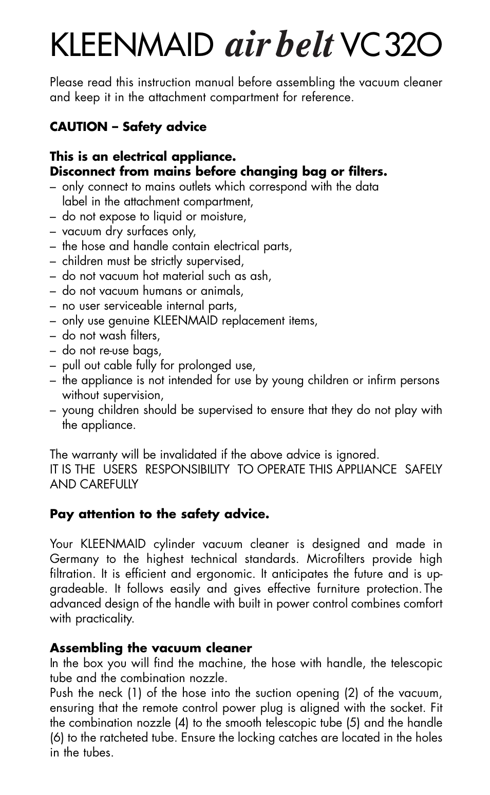 Kleenmaid vc32o | Kleenmaid VC320 User Manual | Page 2 / 8