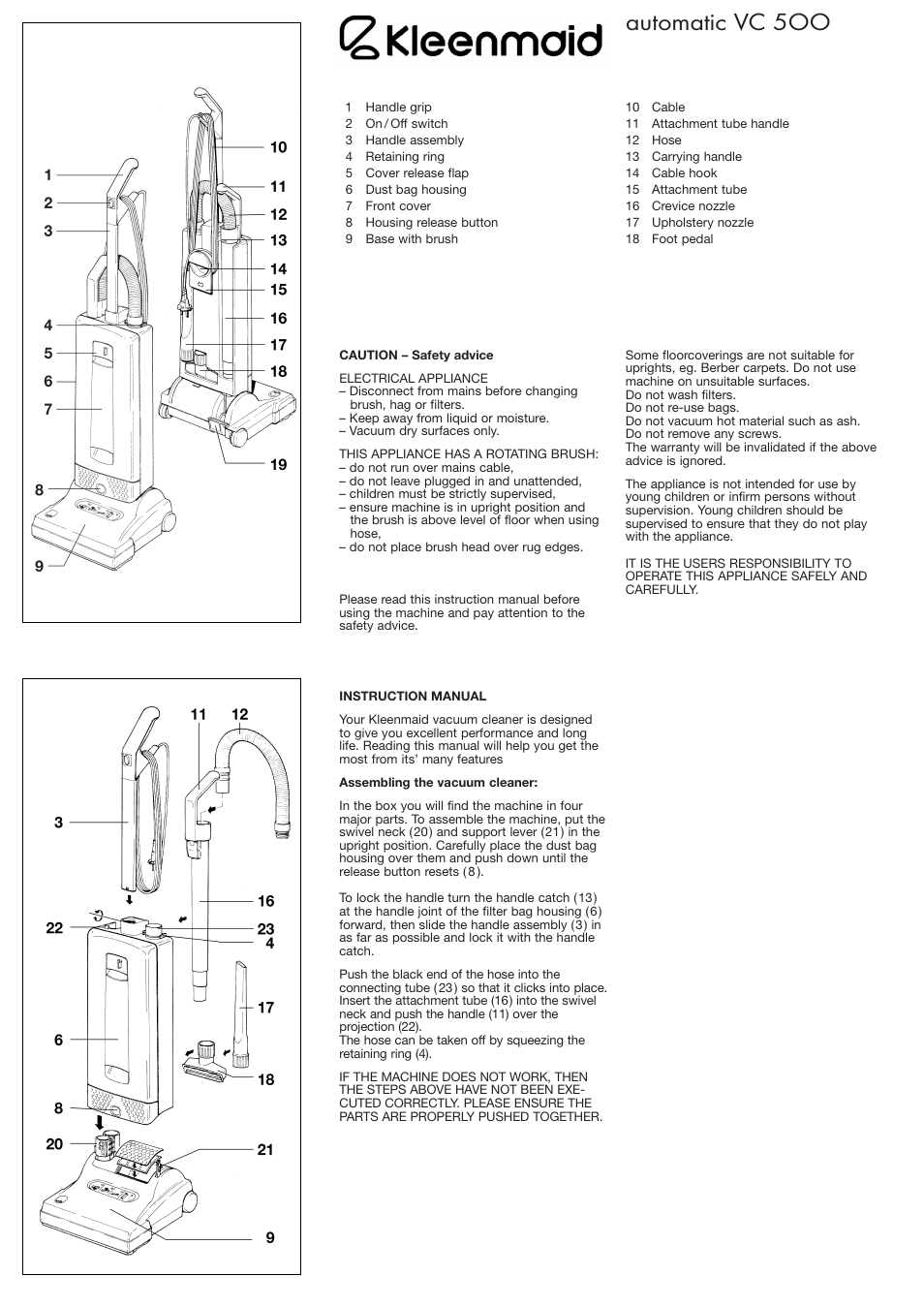 Automatic vc 5oo | Kleenmaid VC500 User Manual | Page 2 / 4