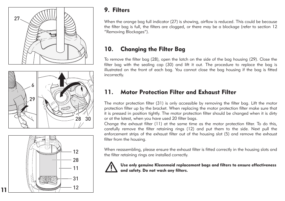 11 9. filters, Changing the filter bag, Motor protection filter and exhaust filter | Kleenmaid VC700 User Manual | Page 12 / 16