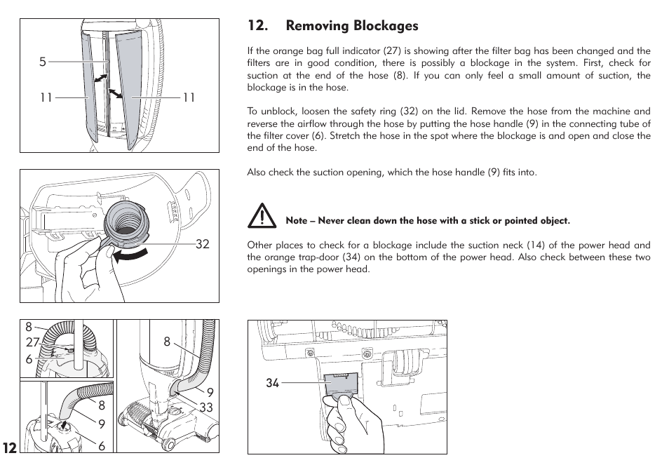 12 12. removing blockages | Kleenmaid VC700 User Manual | Page 13 / 16