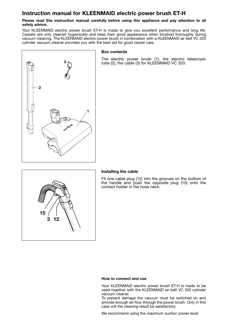 Kleenmaid ETH-Power Head for VC320 User Manual | Page 2 / 5