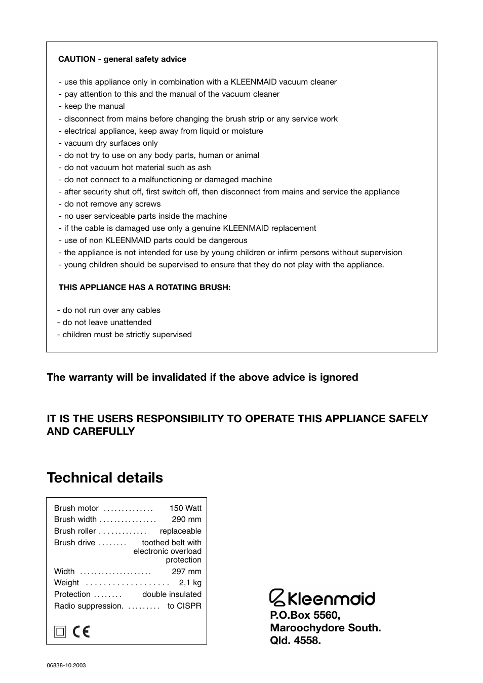 Technical details | Kleenmaid ETH-Power Head for VC320 User Manual | Page 5 / 5