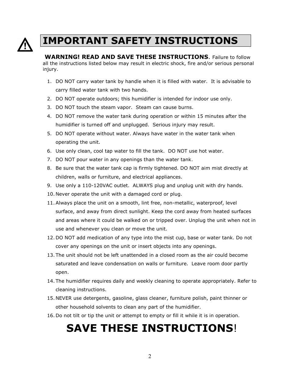 Save these instructions, Important safety instructions | Crane & Co. EE- 5200 W / B User Manual | Page 3 / 13