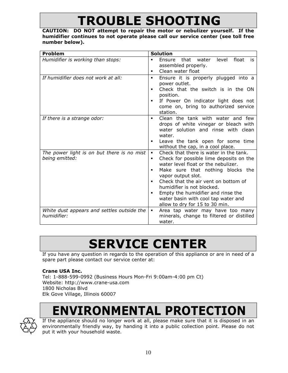 Trouble shooting, Service center, Environmental protection | Crane & Co. EE-5301(G) User Manual | Page 11 / 13