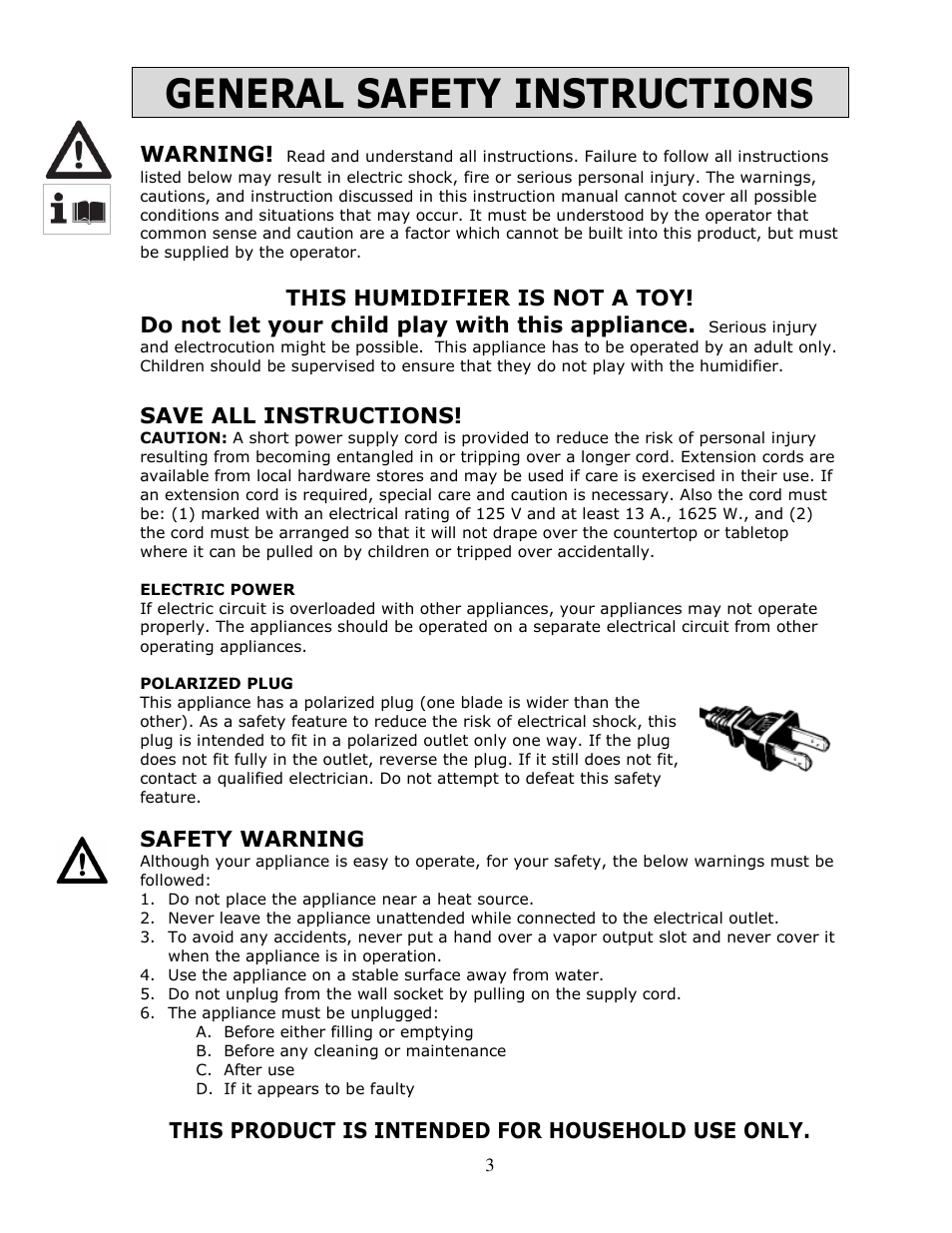 General safety instructions, Warning, Save all instructions | Safety warning, This product is intended for household use only | Crane & Co. EE-5301(G) User Manual | Page 4 / 13