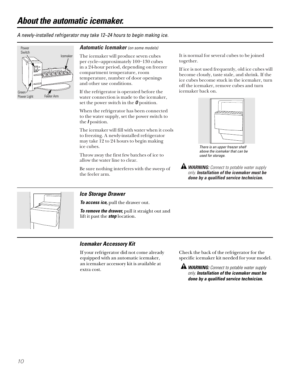 About the automatic icemaker, Automatic icemaker, Ice storage drawer icemaker accessory kit | Kleenmaid PSA22 User Manual | Page 10 / 20