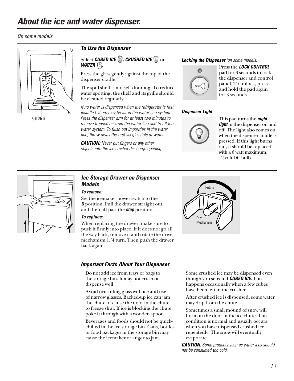 About the ice and water dispenser, Ice storage drawer on dispenser models, Important facts about your dispenser | Kleenmaid PSA22 User Manual | Page 11 / 20