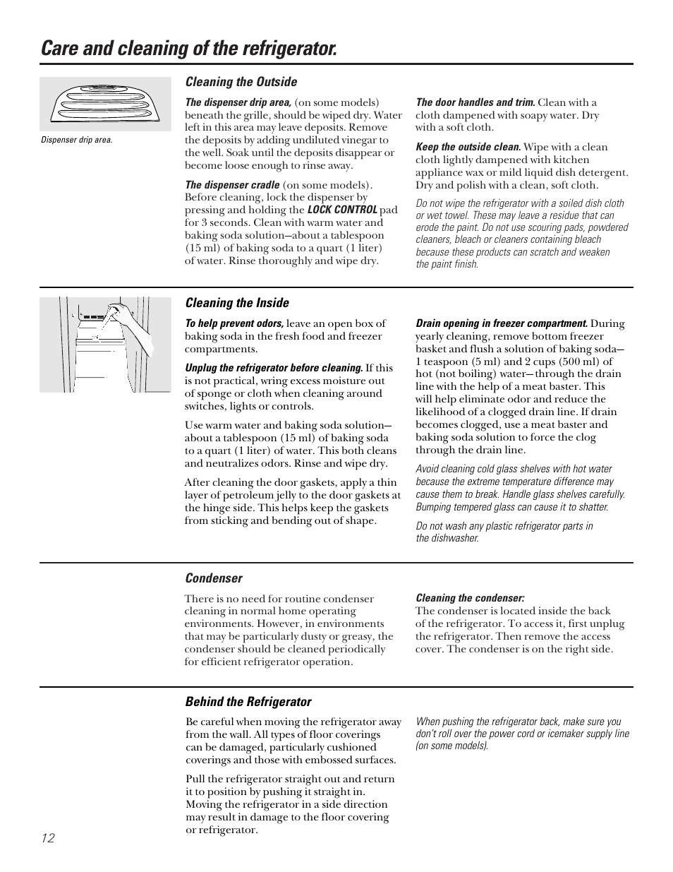 Care and cleaning of the refrigerator, Condenser, Cleaning the outside | Cleaning the inside, Behind the refrigerator | Kleenmaid PSA22 User Manual | Page 12 / 20