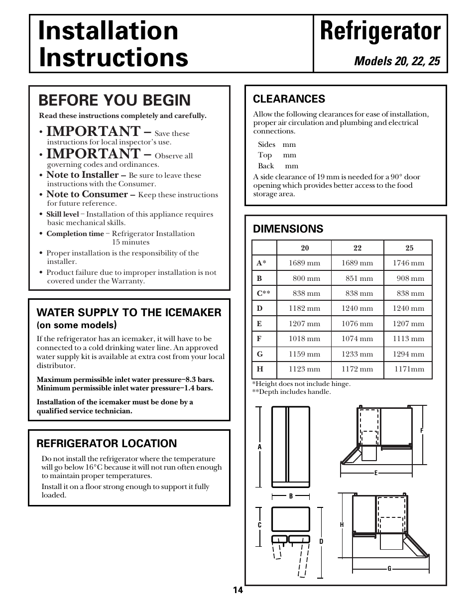 Installation refrigerator instructions, Before you begin, Important | Refrigerator location, Clearances, Water supply to the icemaker, Dimensions | Kleenmaid PSA22 User Manual | Page 14 / 20