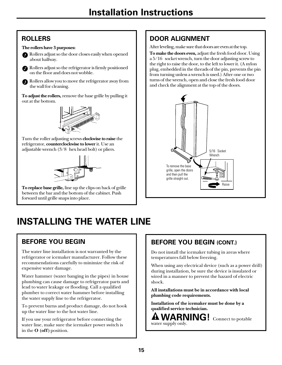 Installation instructions, Warning, Installing the water line | Rollers door alignment, Before you begin | Kleenmaid PSA22 User Manual | Page 15 / 20