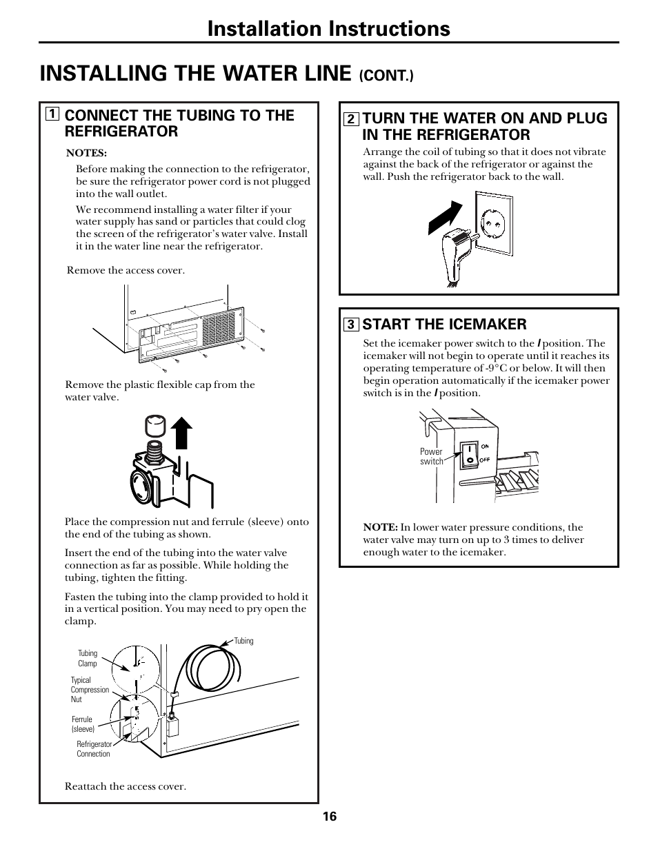 Connect the tubing to the refrigerator, Cont.), Start the icemaker | Turn the water on and plug in the refrigerator | Kleenmaid PSA22 User Manual | Page 16 / 20