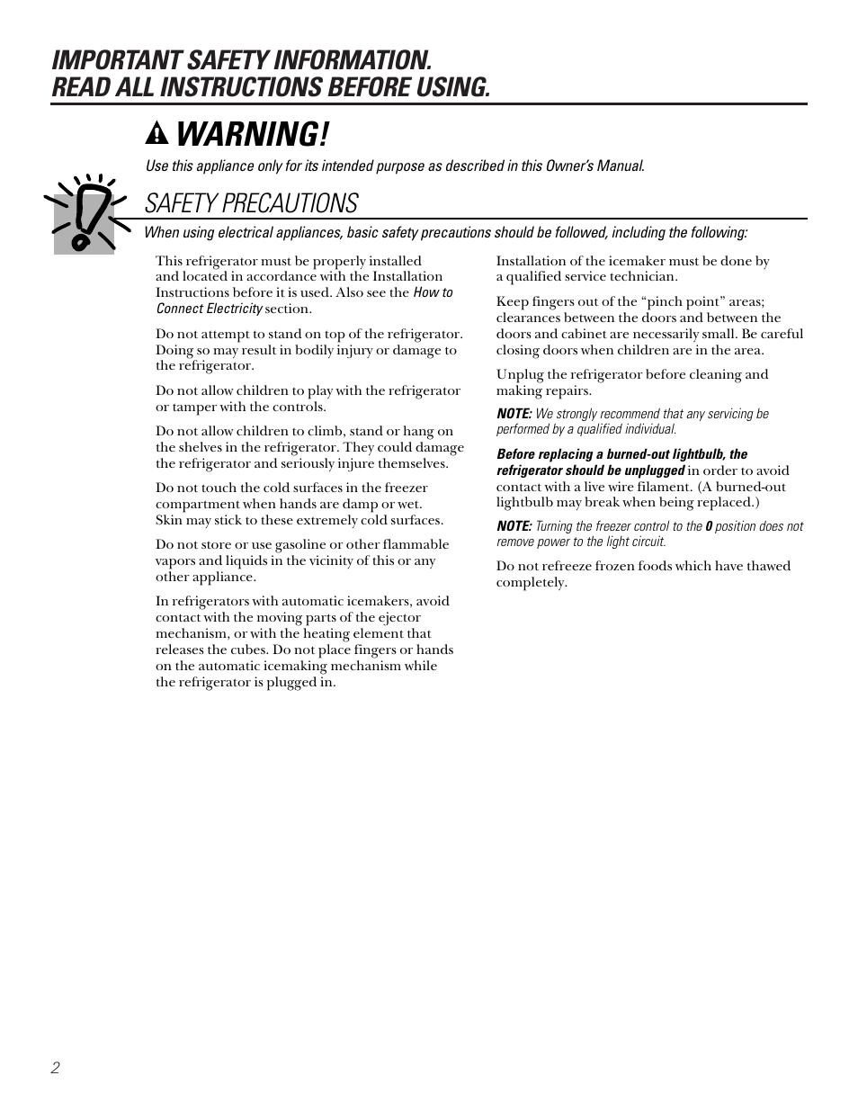 Warning, Safety precautions | Kleenmaid PSA22 User Manual | Page 2 / 20