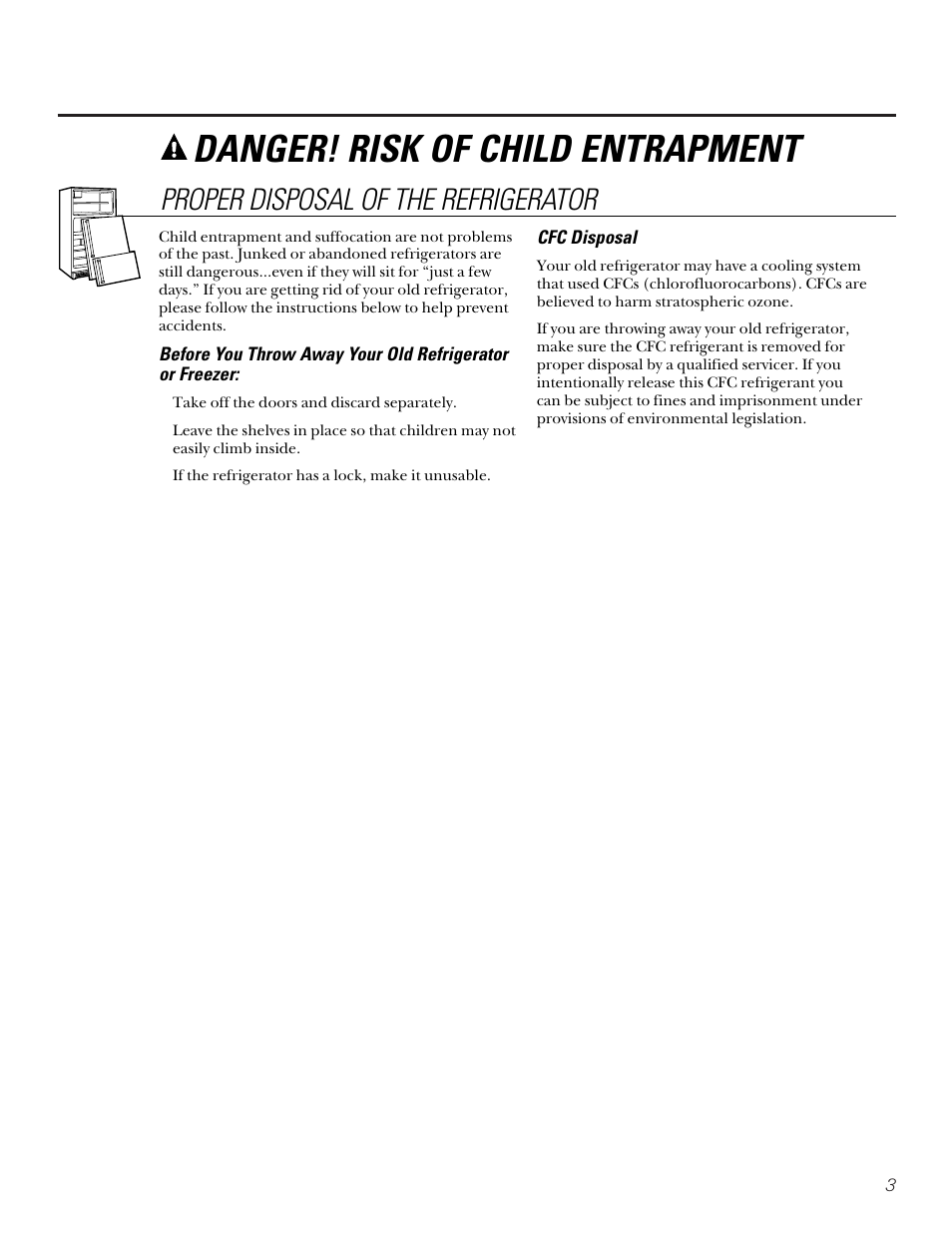 Danger! risk of child entrapment, Proper disposal of the refrigerator | Kleenmaid PSA22 User Manual | Page 3 / 20