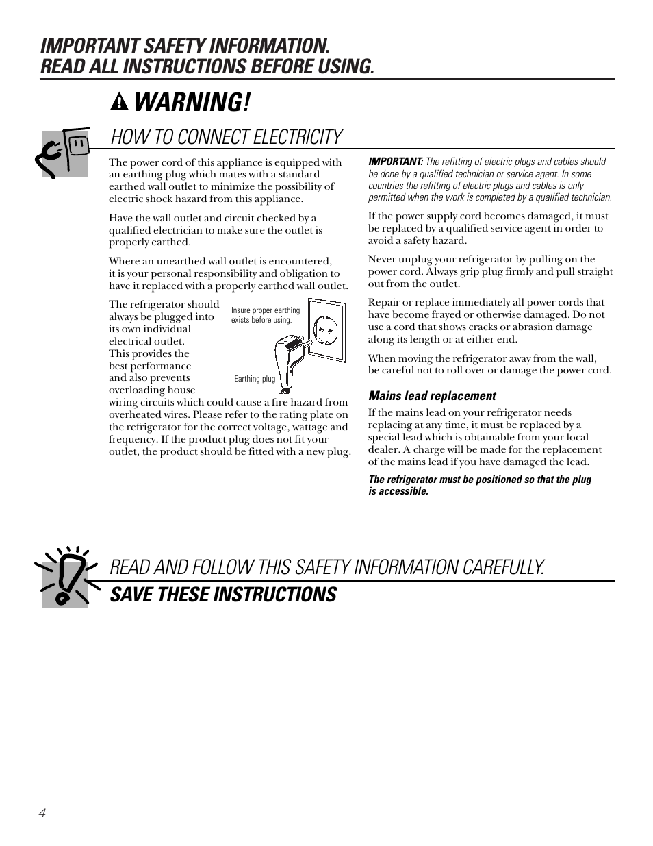 Warning, How to connect electricity | Kleenmaid PSA22 User Manual | Page 4 / 20