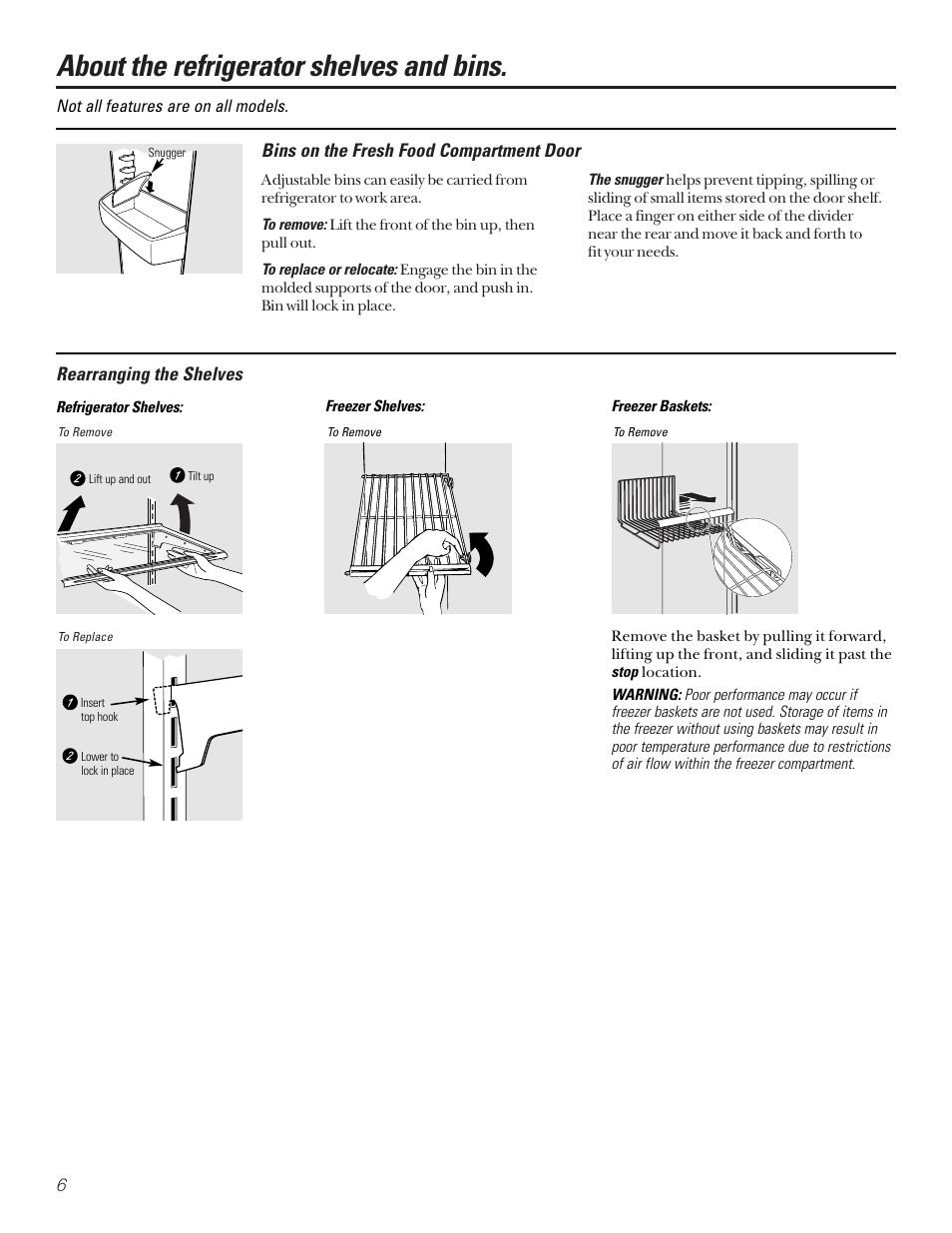 About the refrigerator shelves and bins, Rearranging the shelves, Bins on the fresh food compartment door | Kleenmaid PSA22 User Manual | Page 6 / 20