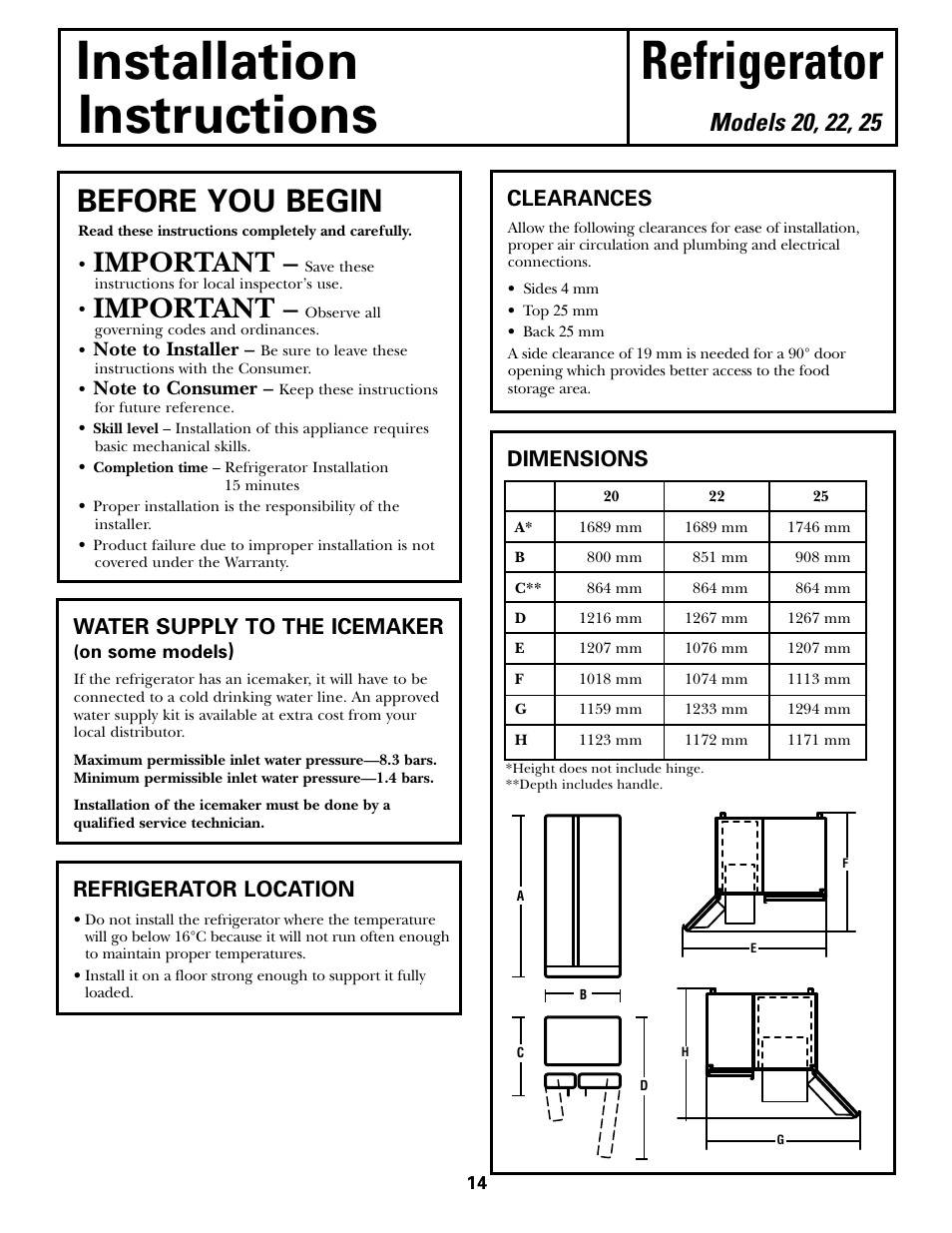 Installation instructions, Installation refrigerator instructions, Before you begin | Important, Refrigerator location, Clearances, Water supply to the icemaker, Dimensions | Kleenmaid PSG22 User Manual | Page 14 / 72