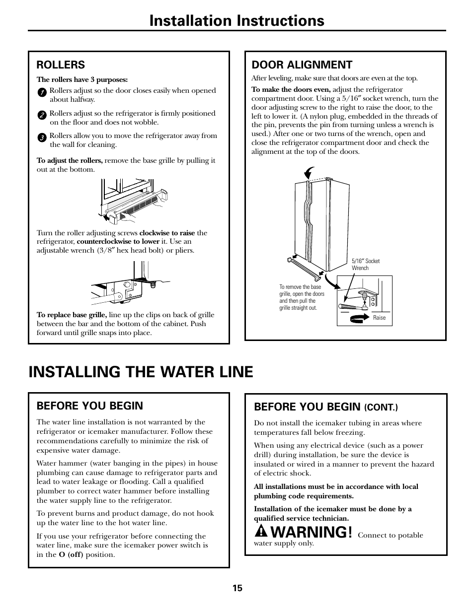 Installation instructions, Warning, Installing the water line | Rollers door alignment, Before you begin | Kleenmaid PSG22 User Manual | Page 15 / 72