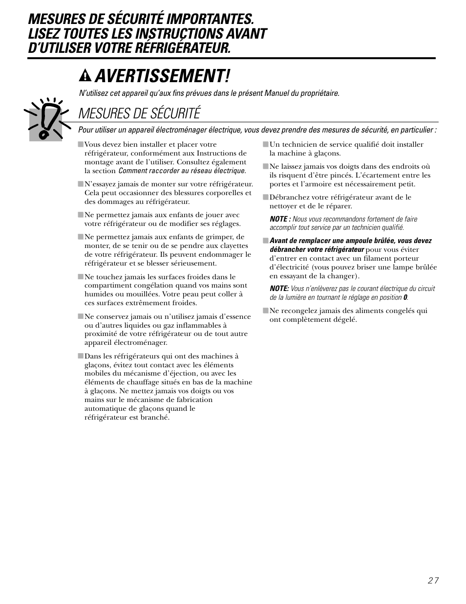 Mesures de sécurité, Avertissement | Kleenmaid PSG22 User Manual | Page 27 / 72