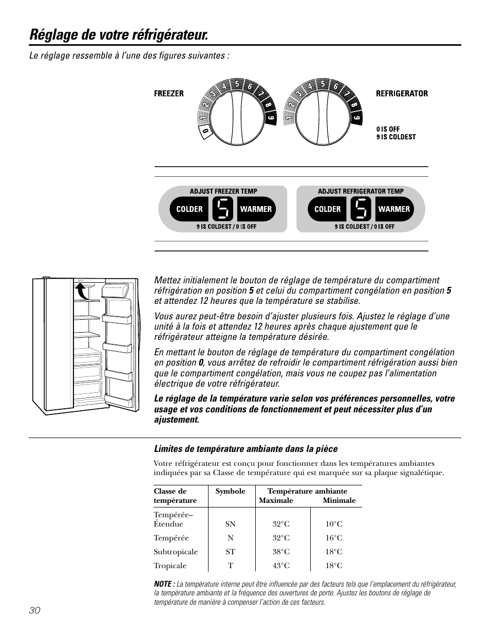 Réglages, Réglage de votre réfrigérateur | Kleenmaid PSG22 User Manual | Page 30 / 72