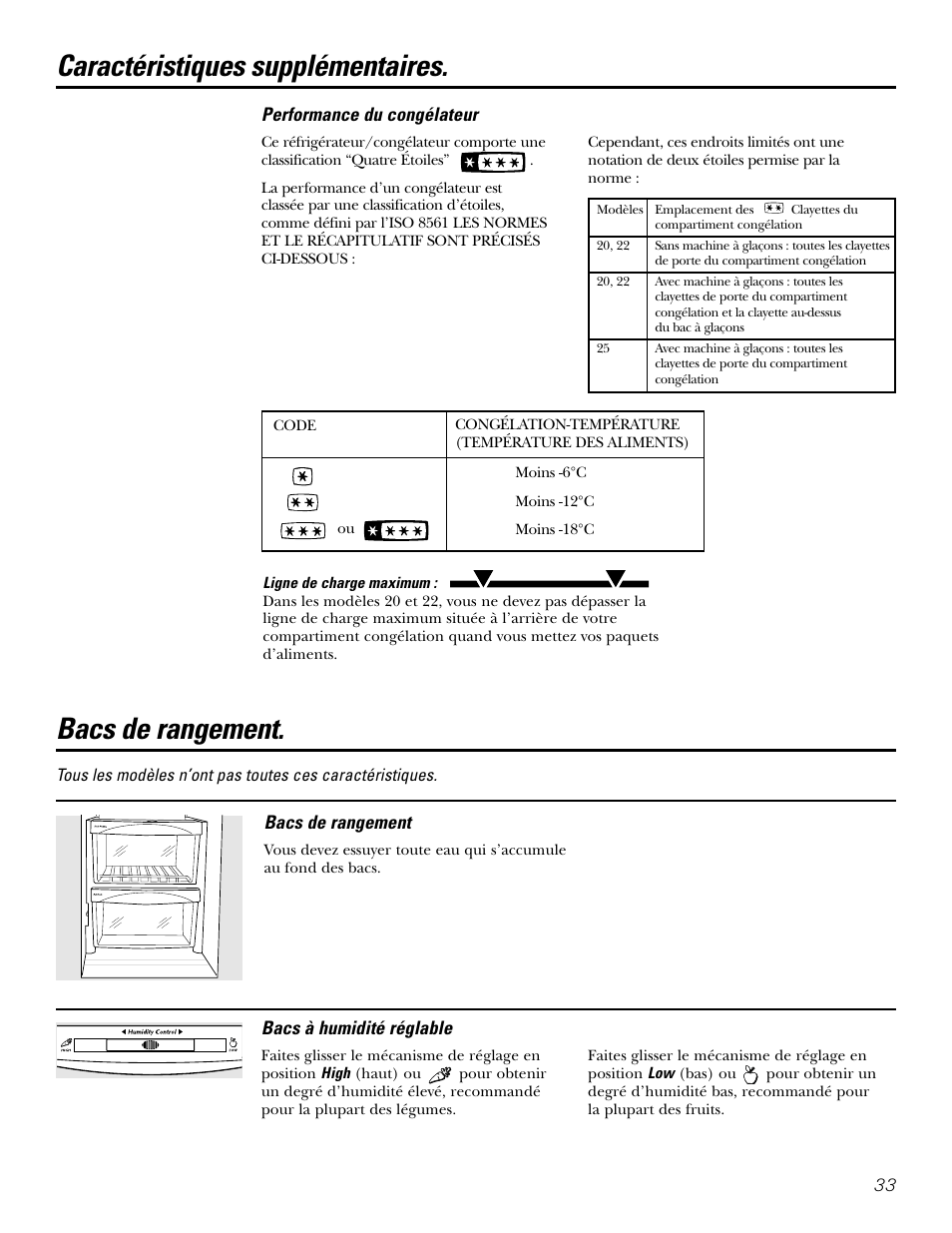 Bacs de rangement, Bacs de rangement , 34, Caractéristiques supplémentaires | Kleenmaid PSG22 User Manual | Page 33 / 72