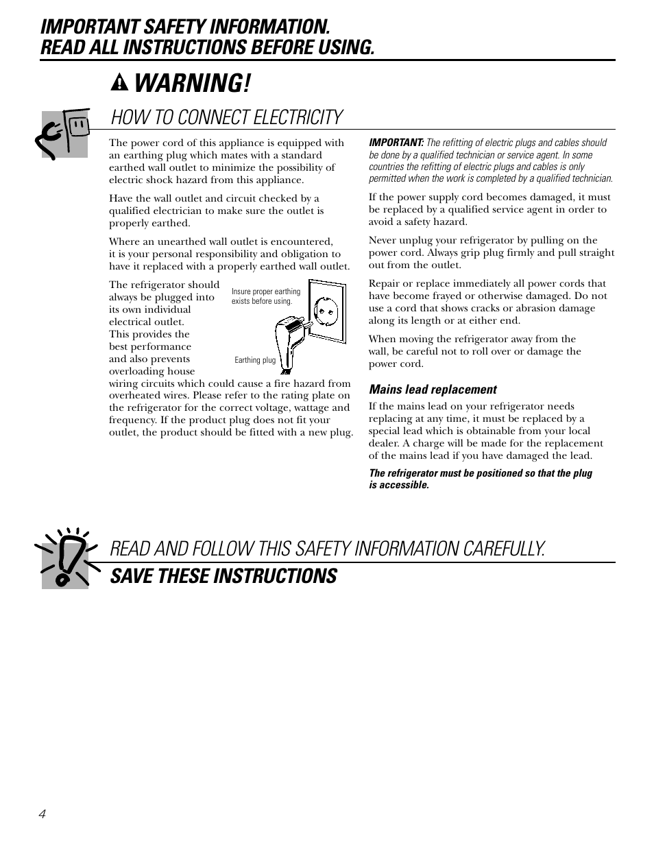 Warning, How to connect electricity | Kleenmaid PSG22 User Manual | Page 4 / 72