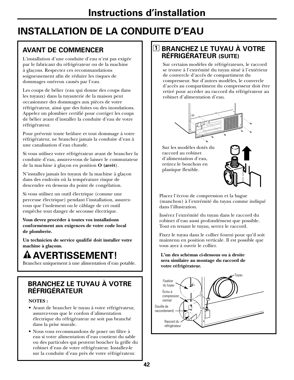 Instructions d’installation, Avertissement, Installation de la conduite d’eau | Avant de commencer, Branchez le tuyau à votre réfrigérateur | Kleenmaid PSG22 User Manual | Page 42 / 72