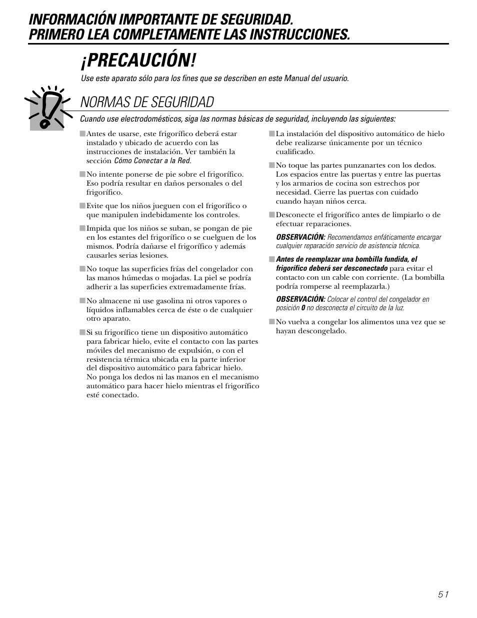 Información de seguridad, Precaución, Normas de seguridad | Kleenmaid PSG22 User Manual | Page 51 / 72