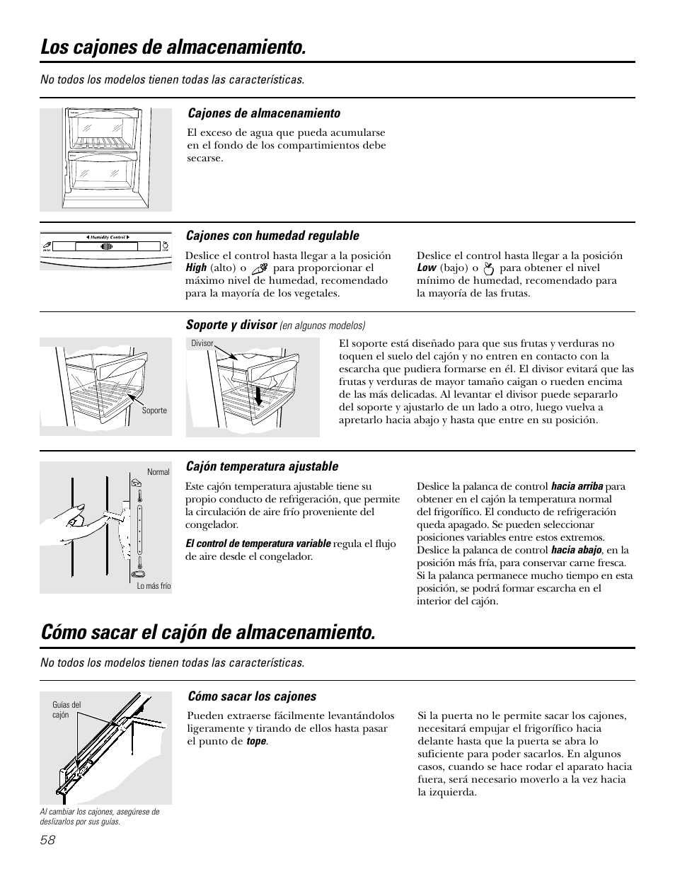 Cajones de almacenamiento, Cómo sacar el cajón de almacenamiento, Los cajones de almacenamiento | Kleenmaid PSG22 User Manual | Page 58 / 72