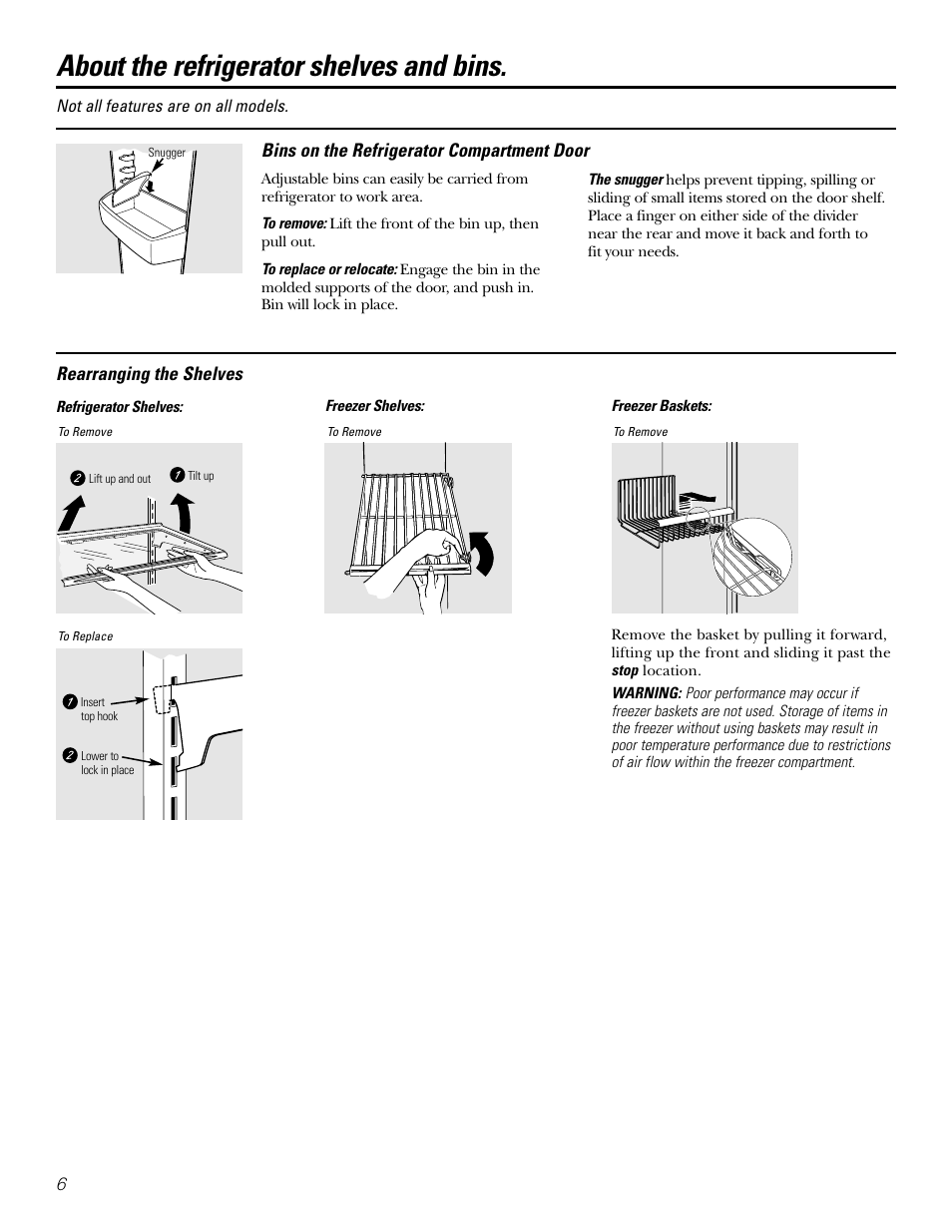 Shelves, bins and racks, Shelves, bins and racks –8, About the refrigerator shelves and bins | Kleenmaid PSG22 User Manual | Page 6 / 72