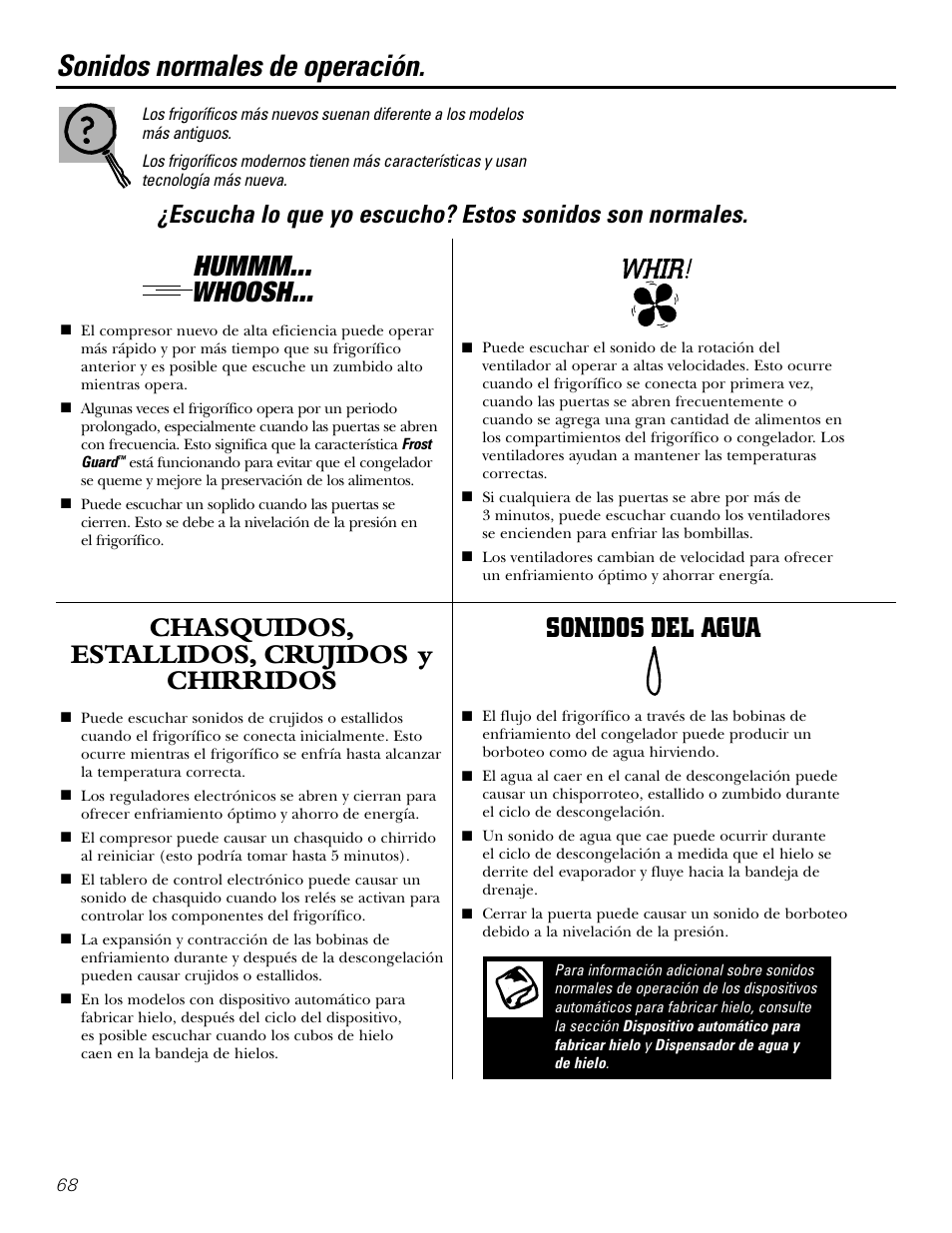 Sonidos normales durante la operación, Sonidos normales de operación, Hummm... whoosh | Chasquidos, estallidos, crujidos y chirridos, Sonidos del agua | Kleenmaid PSG22 User Manual | Page 68 / 72