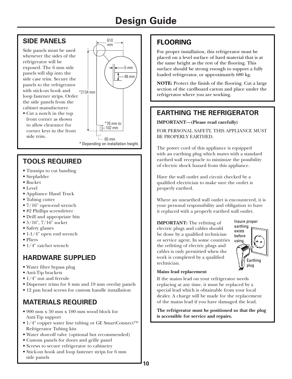 Design guide, Earthing the refrigerator, Side panels | Tools required, Hardware supplied, Materials required, Flooring | Kleenmaid ZSGS420IBS User Manual | Page 10 / 20