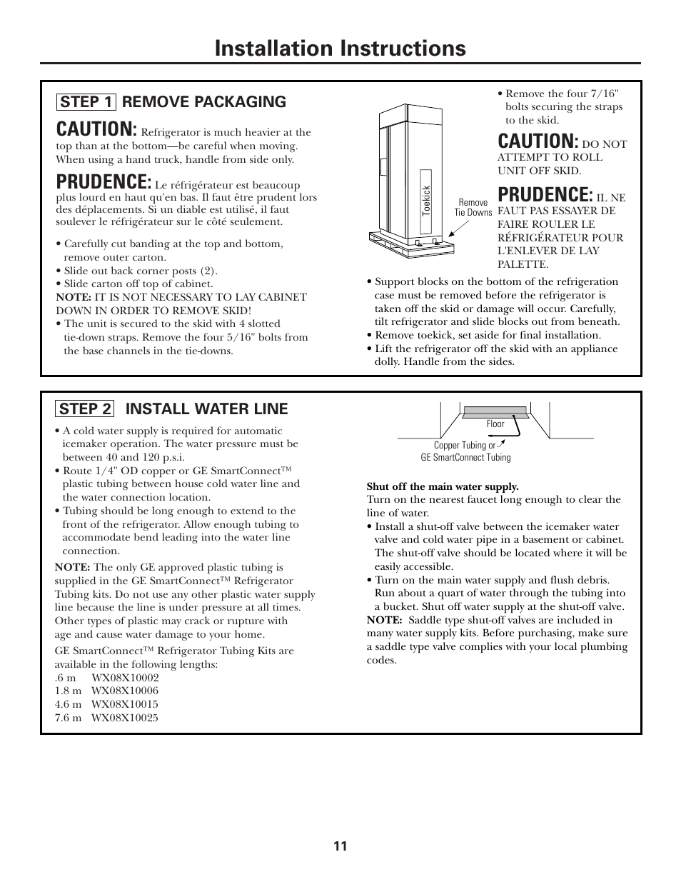 Installation instructions, Caution, Prudence | Step 1 remove packaging, Step 2 install water line | Kleenmaid ZSGS420IBS User Manual | Page 11 / 20