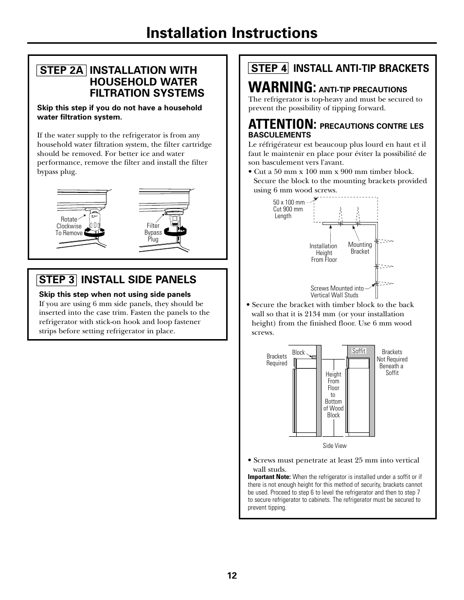 Installation instructions, Warning, Attention | Step 3 install side panels, Step 4 install anti-tip brackets | Kleenmaid ZSGS420IBS User Manual | Page 12 / 20
