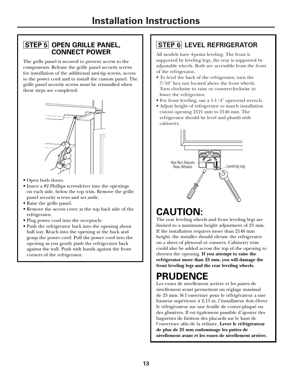 Installation instructions, Caution, Prudence | Kleenmaid ZSGS420IBS User Manual | Page 13 / 20