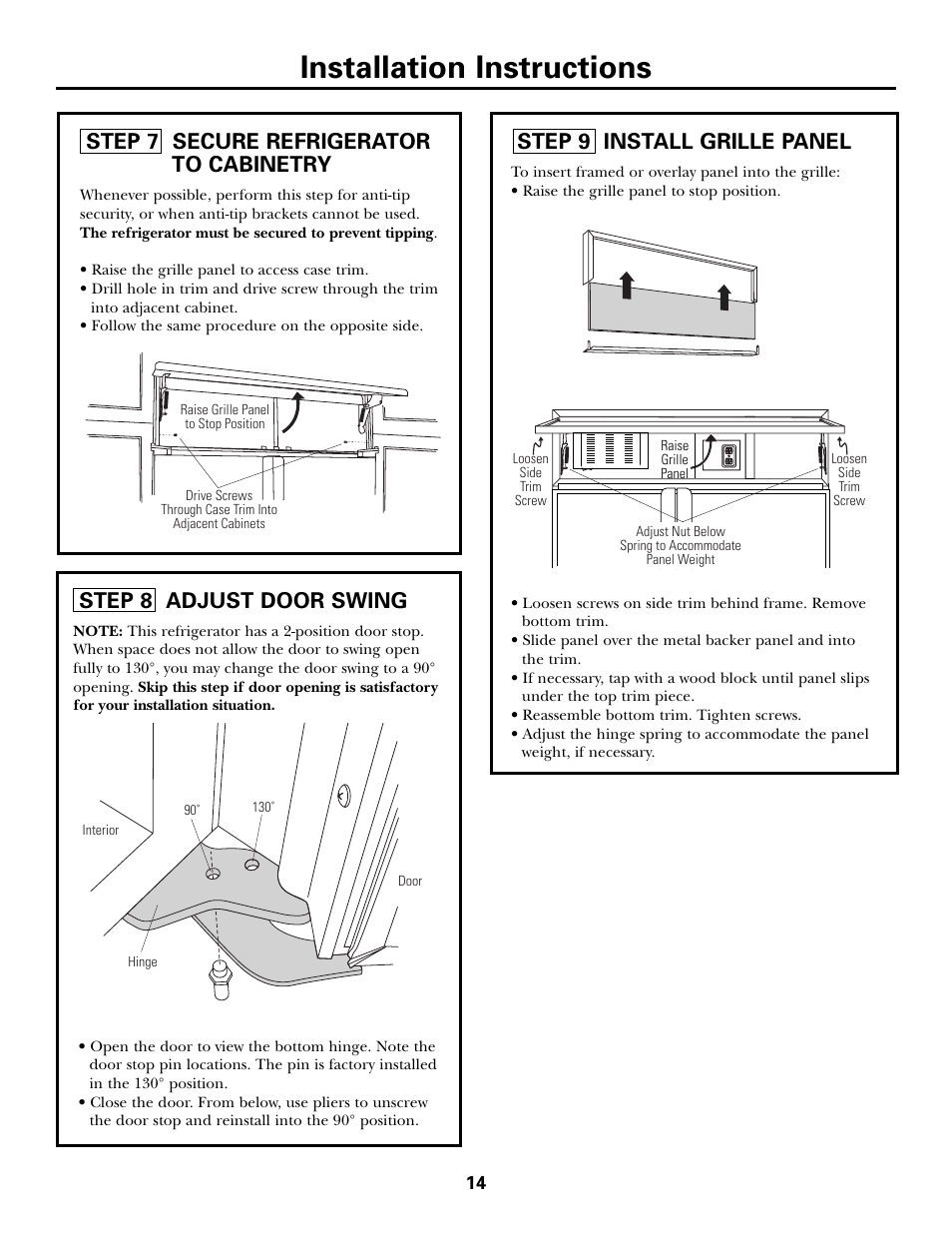 Installation instructions, Step 9 install grille panel, Step 7 secure refrigerator to cabinetry | Step 8 adjust door swing | Kleenmaid ZSGS420IBS User Manual | Page 14 / 20