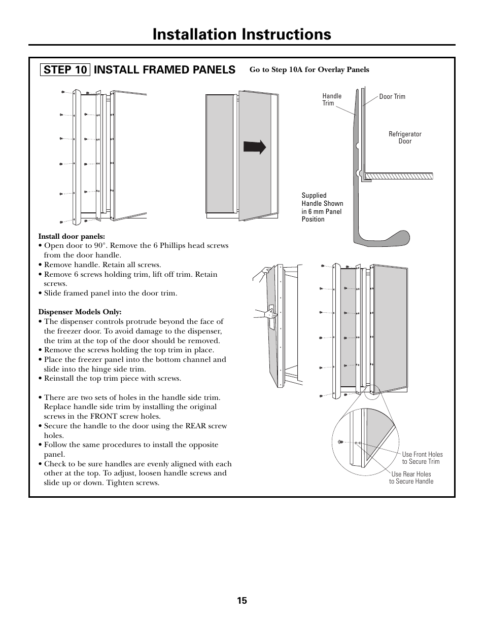 Installation instructions, Step 10 install framed panels | Kleenmaid ZSGS420IBS User Manual | Page 15 / 20