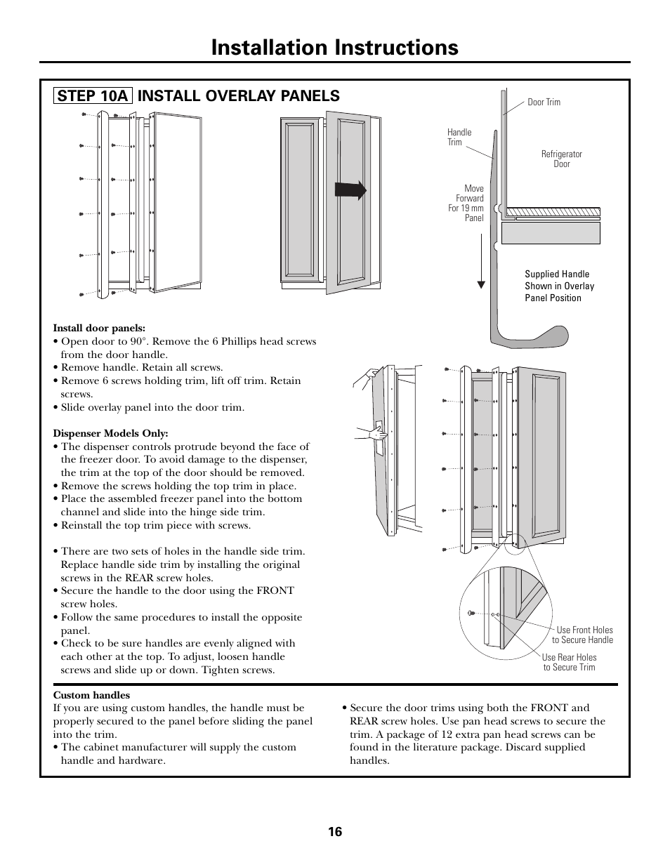 Installation instructions, Step 10a install overlay panels | Kleenmaid ZSGS420IBS User Manual | Page 16 / 20