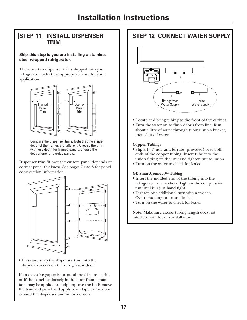 Installation instructions, Step 12 connect water supply, Step 11 install dispenser trim | Kleenmaid ZSGS420IBS User Manual | Page 17 / 20