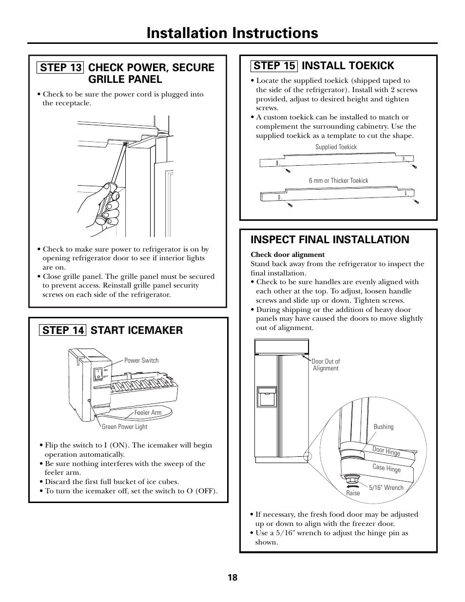 Installation instructions, Step 15 install toekick, Step 14 start icemaker | Step 13 check power, secure grille panel, Inspect final installation | Kleenmaid ZSGS420IBS User Manual | Page 18 / 20