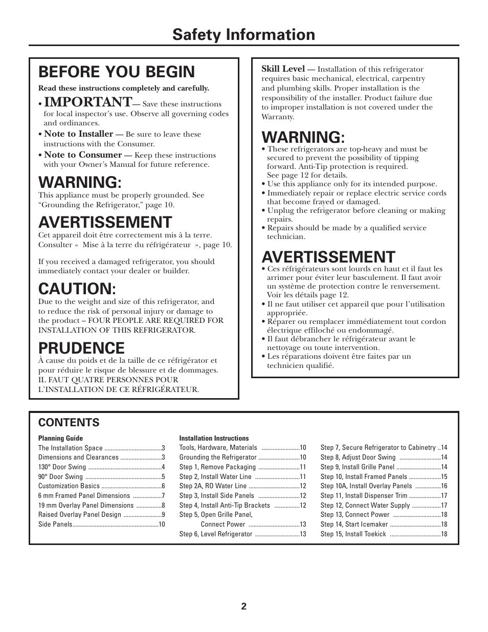 Safety information, Warning, Avertissement | Before you begin, Caution, Prudence, Important | Kleenmaid ZSGS420IBS User Manual | Page 2 / 20