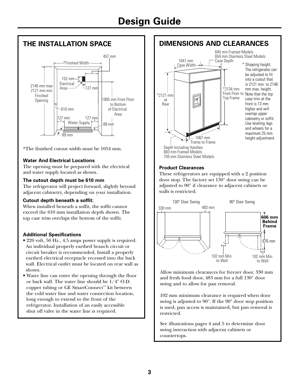 Design guide, The installation space, Dimensions and clearances | Kleenmaid ZSGS420IBS User Manual | Page 3 / 20