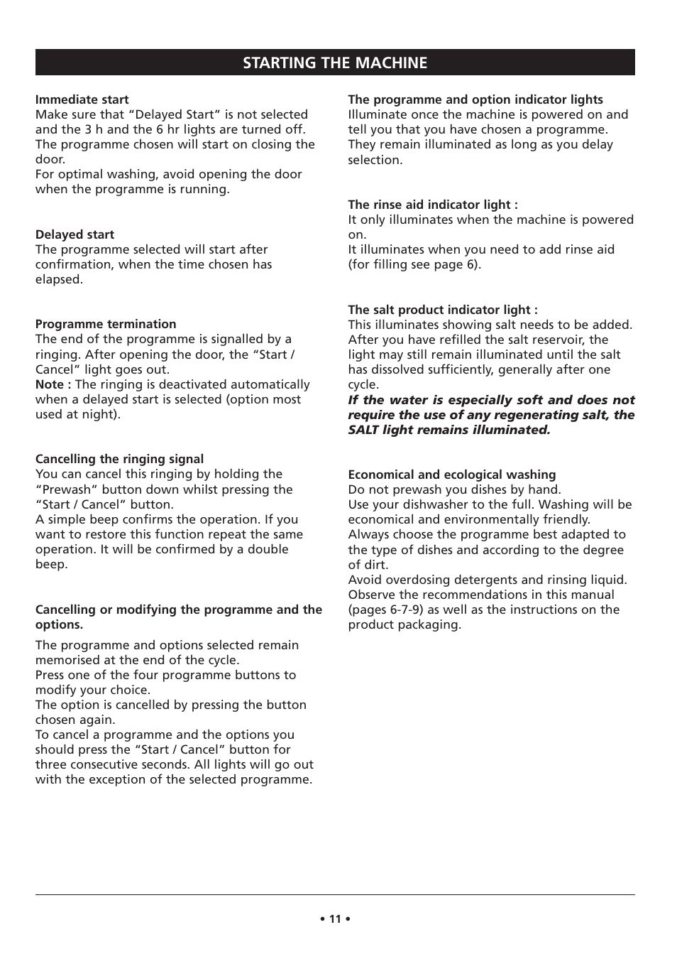 Starting the machine | Kleenmaid DW27i User Manual | Page 11 / 22