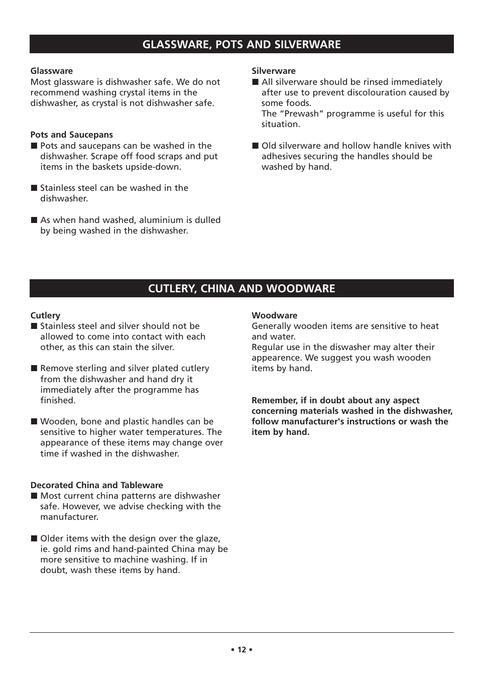 Glassware, pots and silverware, Cutlery, china and woodware | Kleenmaid DW27i User Manual | Page 12 / 22