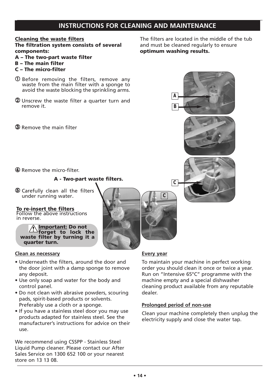Instructions for cleaning and maintenance | Kleenmaid DW27i User Manual | Page 14 / 22
