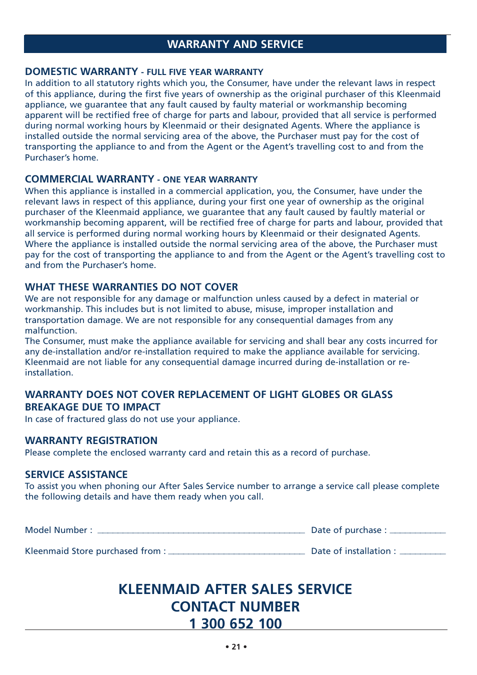 Warranty and service | Kleenmaid DW27i User Manual | Page 21 / 22