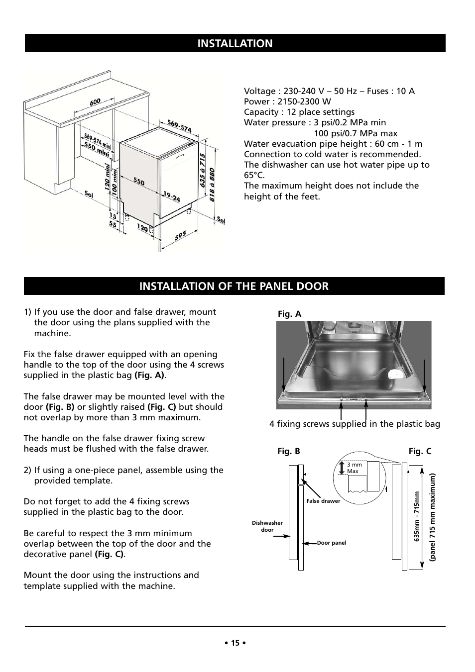 Installation, Installation of the panel door | Kleenmaid DW26I User Manual | Page 15 / 24