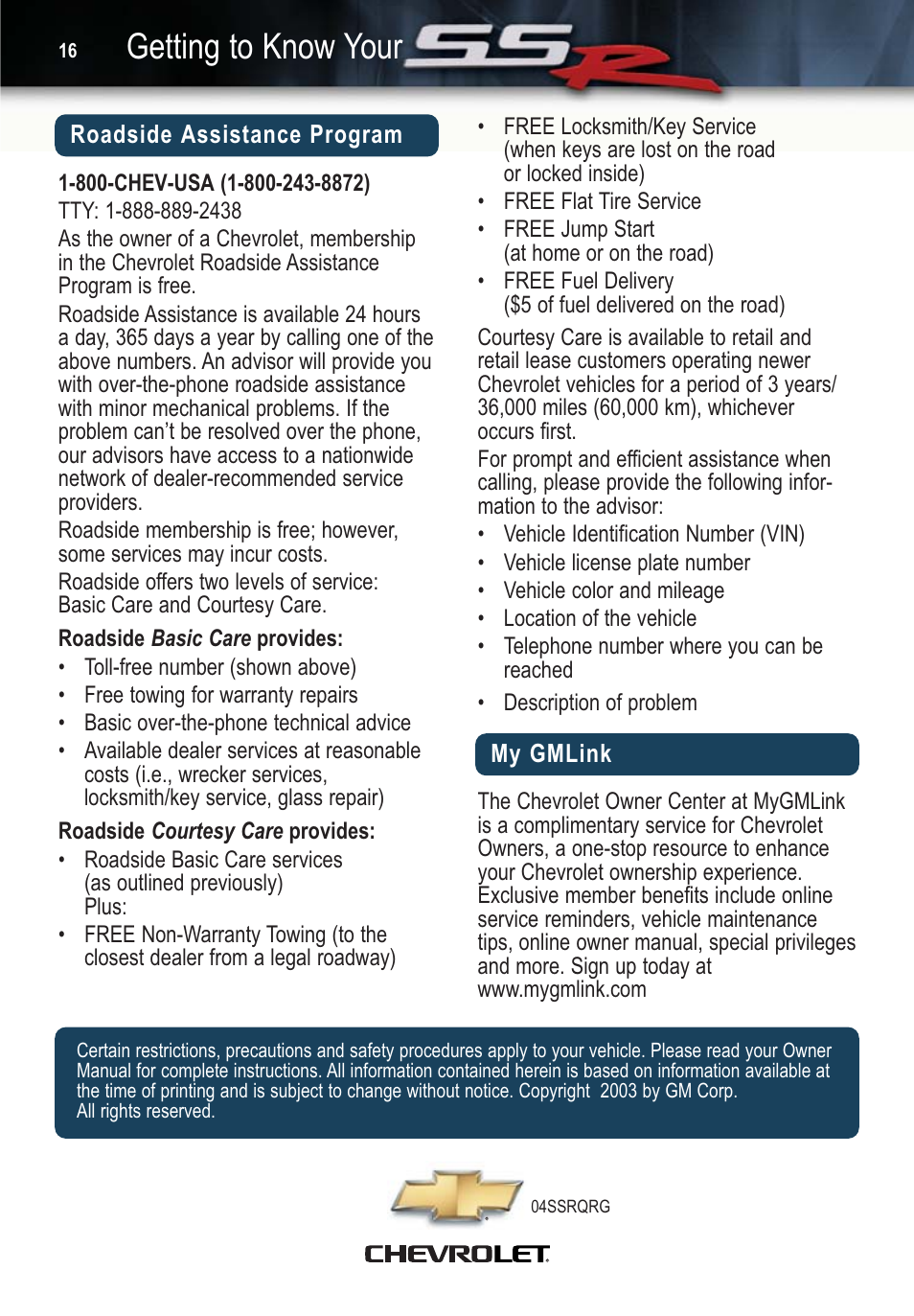 Getting to know your | CHEVROLET SSR User Manual | Page 16 / 16