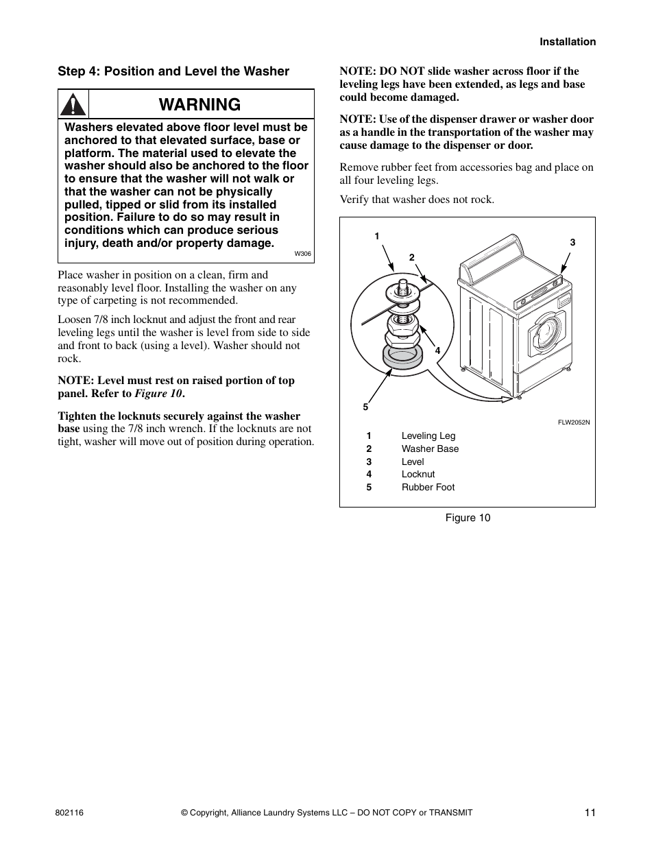 Step 4: position and level the washer, Warning | Kleenmaid LTK95 Installation Version 802116R1 User Manual | Page 13 / 22